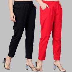 Combo of 2 Cotton Black and Red Women Regular Fit Solid Trousers-47547
