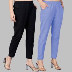 Combo of 2 Cotton Black and Sky Blue Women Regular Fit Solid Trousers-47543