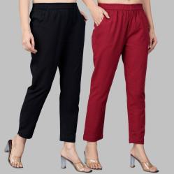 Combo of 2 Cotton Black and Wine Women Regular Fit Solid Trousers-47535