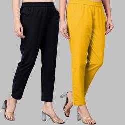 Combo of 2 Cotton Black and Yellow Women Regular Fit Solid Trousers-47538