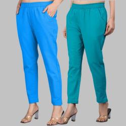 Combo of 2 Cotton Blue and Cyan Women Regular Fit Solid Trousers-47628