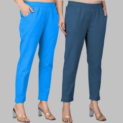 Combo of 2 Cotton Blue and Denim Women Regular Fit Solid Trousers-47632
