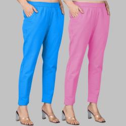 Combo of 2 Cotton Blue and Light Pink Women Regular Fit Solid Trousers-47626