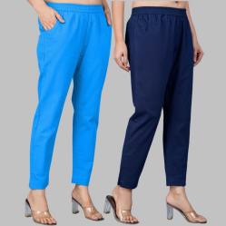 Combo of 2 Cotton Blue and Navy Blue Women Regular Fit Solid Trousers-47630