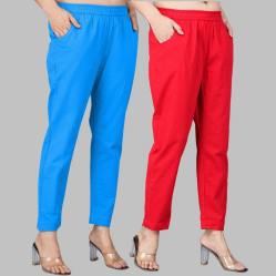 Combo of 2 Cotton Blue and Red Women Regular Fit Solid Trousers-47631