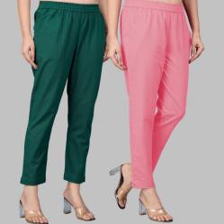 Combo of 2 Cotton Bottle Green and Baby Pink Women Regular Fit Solid Trousers-47553
