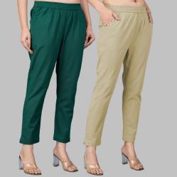Combo of 2 Cotton Bottle Green and Beige Women Regular Fit Solid Trousers-47559