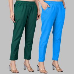 Combo of 2 Cotton Bottle Green and Blue Women Regular Fit Solid Trousers-47555