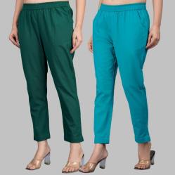 Combo of 2 Cotton Bottle Green and Cyan Women Regular Fit Solid Trousers-47558