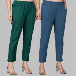 Combo of 2 Cotton Bottle Green and Denim Women Regular Fit Solid Trousers-47562