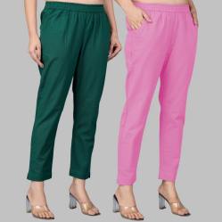 Combo of 2 Cotton Bottle Green and Light Pink Women Regular Fit Solid Trousers-47556