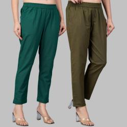 Combo of 2 Cotton Bottle Green and Mehndi Green Women Regular Fit Solid Trousers-47550