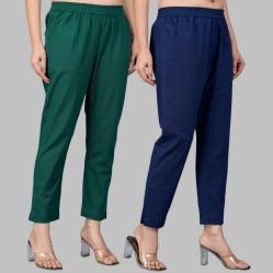 Combo of 2 Cotton Bottle Green and Navy Blue Women Regular Fit Solid Trousers-47560