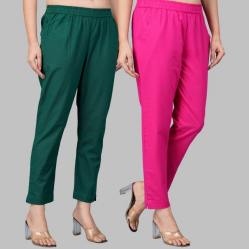 Combo of 2 Cotton Bottle Green and Pink Women Regular Fit Solid Trousers-47551