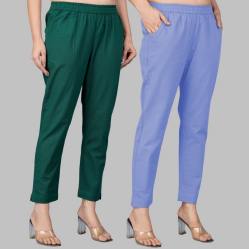 Combo of 2 Cotton Bottle Green and Sky Blue Women Regular Fit Solid Trousers-47557