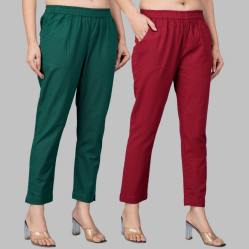 Combo of 2 Cotton Bottle Green and Wine Women Regular Fit Solid Trousers-47549