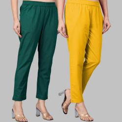 Combo of 2 Cotton Bottle Green and Yellow Women Regular Fit Solid Trousers-47552