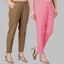Combo of 2 Cotton Brown and Baby Pink Women Regular Fit Solid Trousers-47473