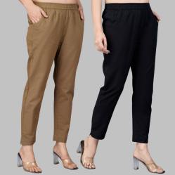 Combo of 2 Cotton Brown and Black Women Regular Fit Solid Trousers-47467