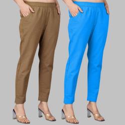 Combo of 2 Cotton Brown and Blue Women Regular Fit Solid Trousers-47475