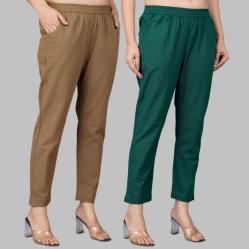 Combo of 2 Cotton Brown and Bottle Green Women Regular Fit Solid Trousers-47468