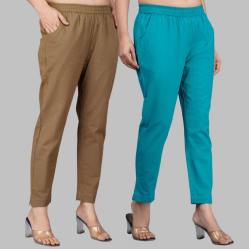 Combo of 2 Cotton Brown and Cyan Women Regular Fit Solid Trousers-47478