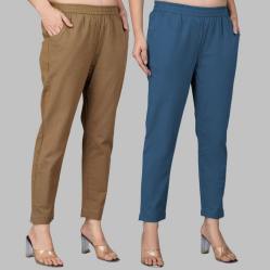 Combo of 2 Cotton Brown and Denim Women Regular Fit Solid Trousers-47482