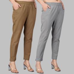 Combo of 2 Cotton Brown and Gray Women Regular Fit Solid Trousers-47466