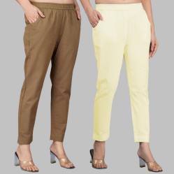 Combo of 2 Cotton Brown and Lemon Yellow Women Regular Fit Solid Trousers-47474