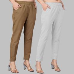 Combo of 2 Cotton Brown and Light Gray Women Regular Fit Solid Trousers-47465