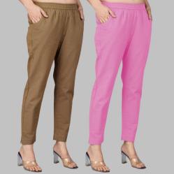 Combo of 2 Cotton Brown and Light Pink Women Regular Fit Solid Trousers-47476