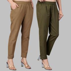 Combo of 2 Cotton Brown and Mehndi Green Women Regular Fit Solid Trousers-47470