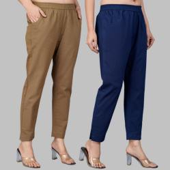 Combo of 2 Cotton Brown and Navy Blue Women Regular Fit Solid Trousers-47480