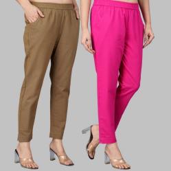 Combo of 2 Cotton Brown and Pink Women Regular Fit Solid Trousers-47471