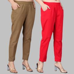 Combo of 2 Cotton Brown and Red Women Regular Fit Solid Trousers-47481