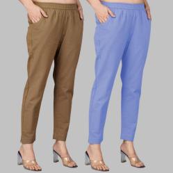Combo of 2 Cotton Brown and Sky Blue Women Regular Fit Solid Trousers-47477