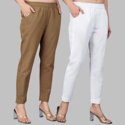 Combo of 2 Cotton Brown and White Women Regular Fit Solid Trousers-47464