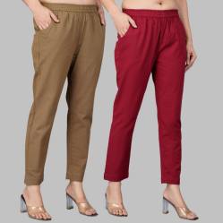 Combo of 2 Cotton Brown and Wine Women Regular Fit Solid Trousers-47469