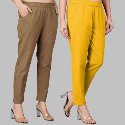 Combo of 2 Cotton Brown and Yellow Women Regular Fit Solid Trousers-47472