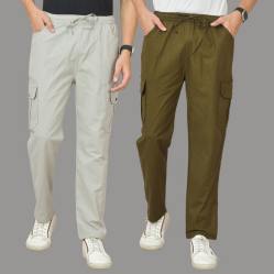 Combo of 2 Cotton Cargo Pant Army Green and Light Gray-48325
