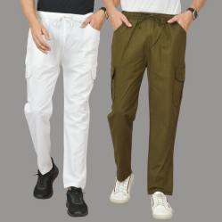 Combo of 2 Cotton Cargo Pant Army Green and White-48346