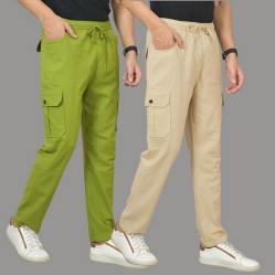 Combo of 2 Cotton Cargo Pant Beige and Olive Green-48309