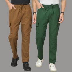 Combo of 2 Cotton Cargo Pant Bottle Green and Brown-48349