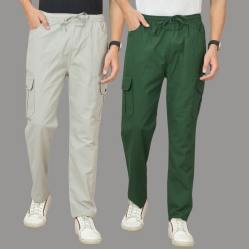 Combo of 2 Cotton Cargo Pant Bottle Green and Light Gray-48323