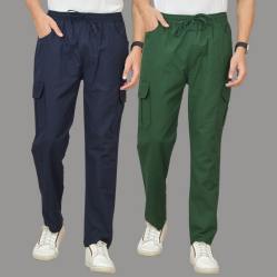 Combo of 2 Cotton Cargo Pant Bottle Green and Navy Blue-48356