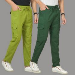 Combo of 2 Cotton Cargo Pant Bottle Green and Olive Green-48314
