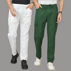 Combo of 2 Cotton Cargo Pant Bottle Green and White-48344