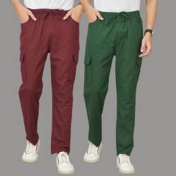 Combo of 2 Cotton Cargo Pant Bottle Green and Wine-48353