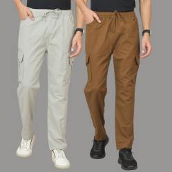 Combo of 2 Cotton Cargo Pant Brown and Light Gray-48320