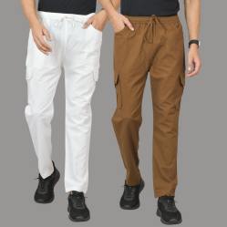 Combo of 2 Cotton Cargo Pant Brown and White-48341